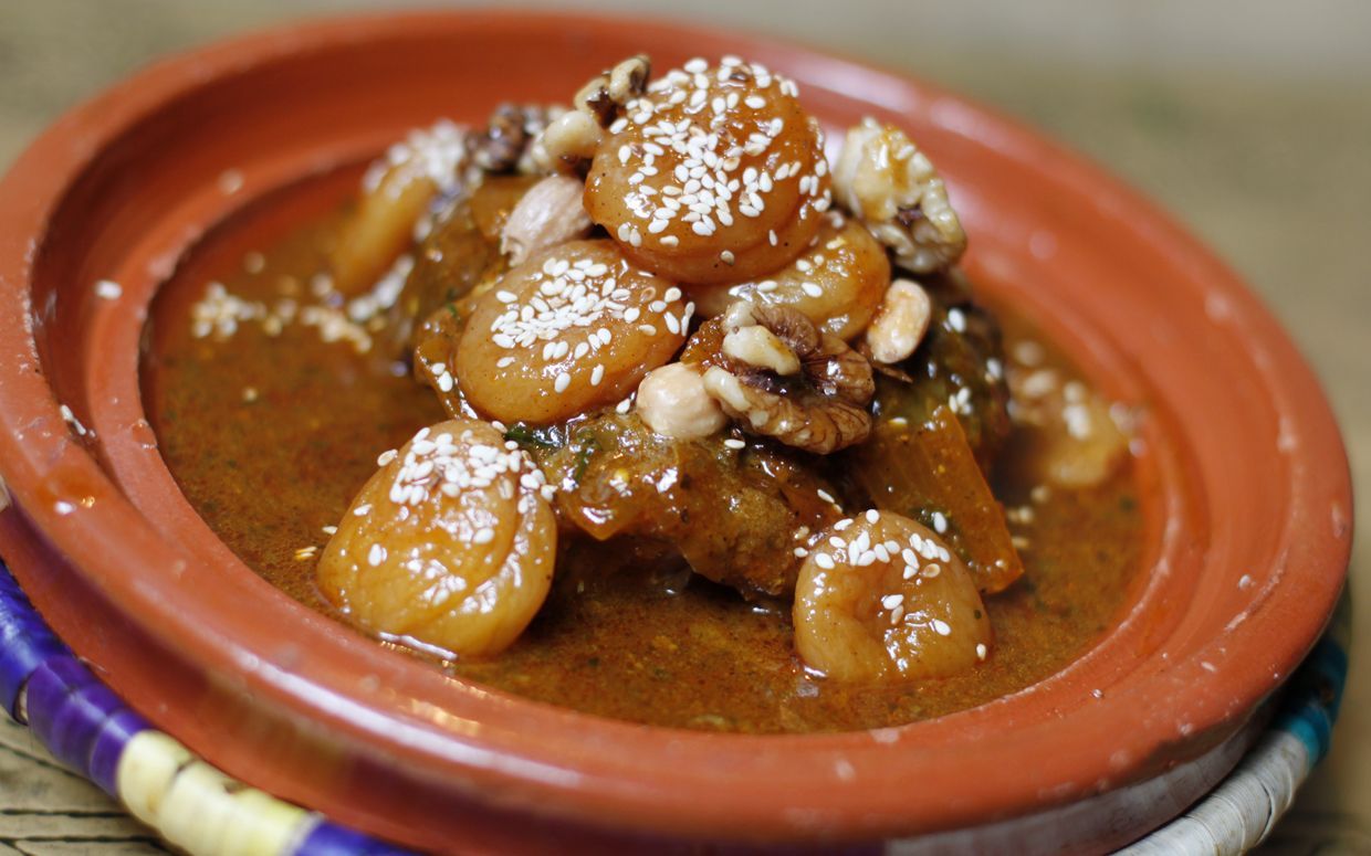 Moroccan tagine served in a clay pot