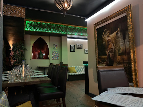 Private room set for a group dinner